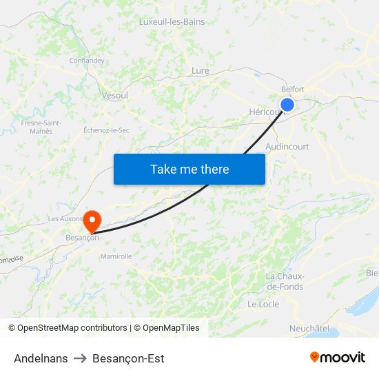 Andelnans to Besançon-Est map