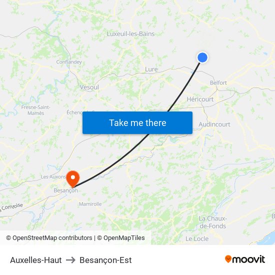 Auxelles-Haut to Besançon-Est map