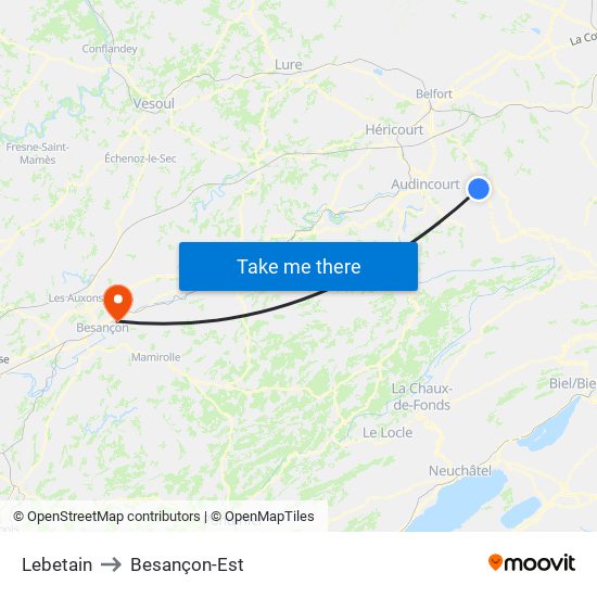 Lebetain to Besançon-Est map