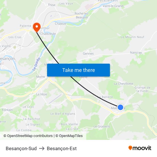 Besançon-Sud to Besançon-Est map