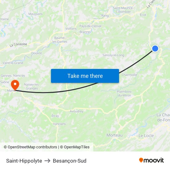 Saint-Hippolyte to Besançon-Sud map