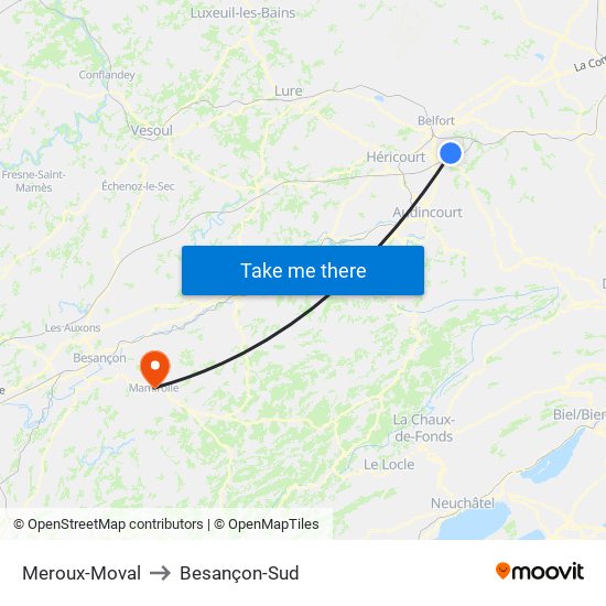 Meroux-Moval to Besançon-Sud map