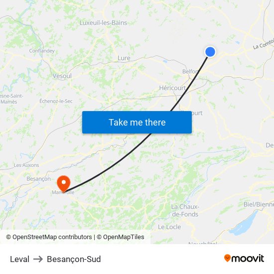 Leval to Besançon-Sud map