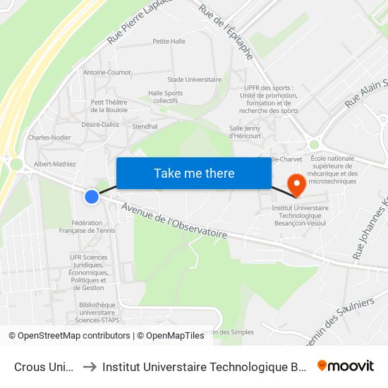 Crous Université to Institut Universtaire Technologique Besançcon-Vesoul map