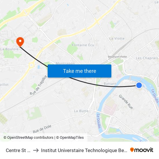 Centre St Pierre to Institut Universtaire Technologique Besançcon-Vesoul map