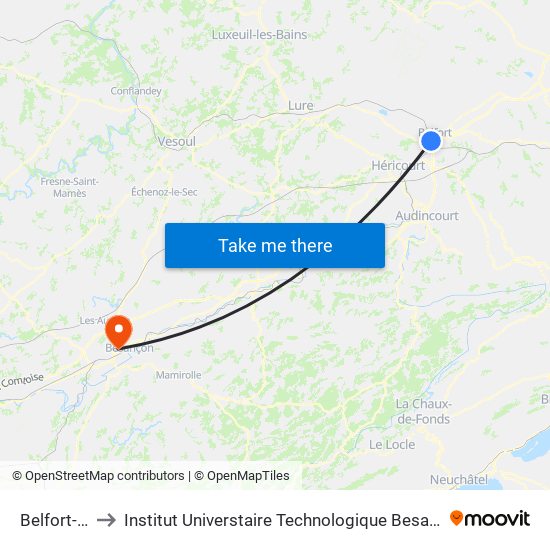 Belfort-Ville to Institut Universtaire Technologique Besançcon-Vesoul map