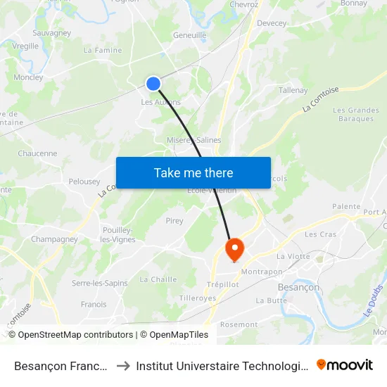 Besançon Franche-Comté Tgv to Institut Universtaire Technologique Besançcon-Vesoul map