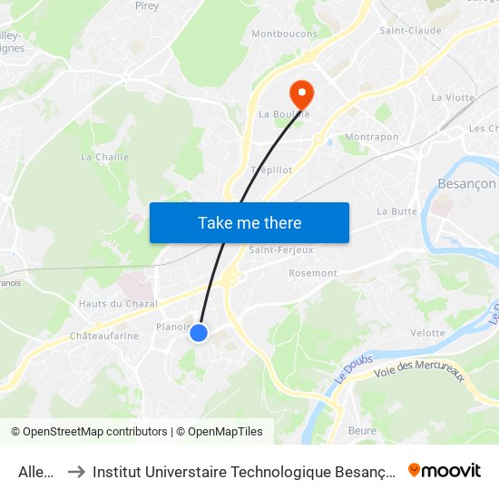 Allende to Institut Universtaire Technologique Besançcon-Vesoul map
