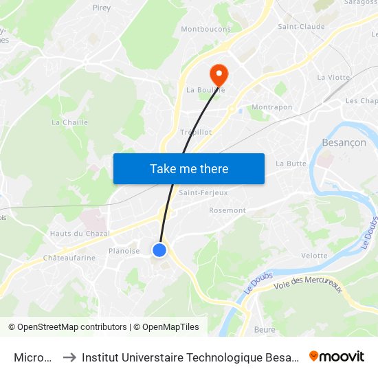 Micropolis to Institut Universtaire Technologique Besançcon-Vesoul map