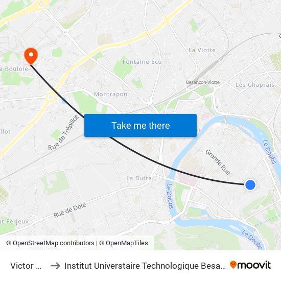 Victor Hugo to Institut Universtaire Technologique Besançcon-Vesoul map