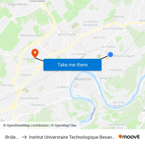 Brûlefoin to Institut Universtaire Technologique Besançcon-Vesoul map