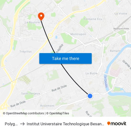 Polygone to Institut Universtaire Technologique Besançcon-Vesoul map