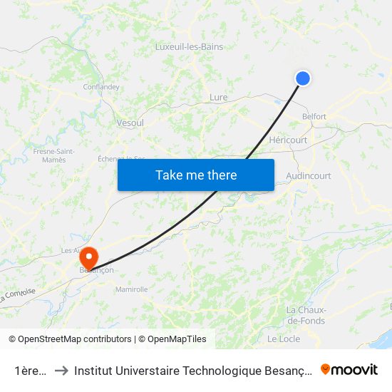 1ère Dfl to Institut Universtaire Technologique Besançcon-Vesoul map