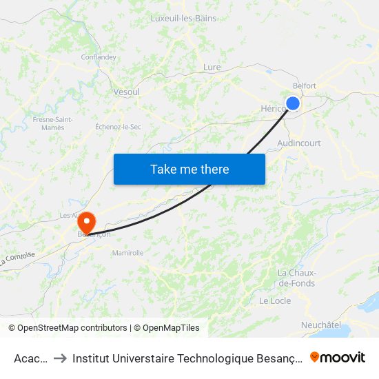 Acacias to Institut Universtaire Technologique Besançcon-Vesoul map