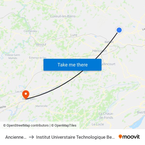 Ancienne Gare to Institut Universtaire Technologique Besançcon-Vesoul map