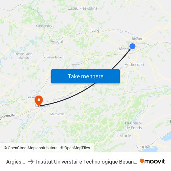 Argiésans to Institut Universtaire Technologique Besançcon-Vesoul map