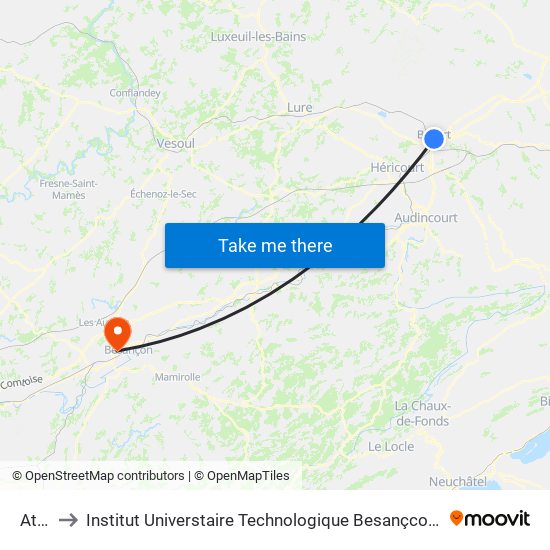 Atria to Institut Universtaire Technologique Besançcon-Vesoul map