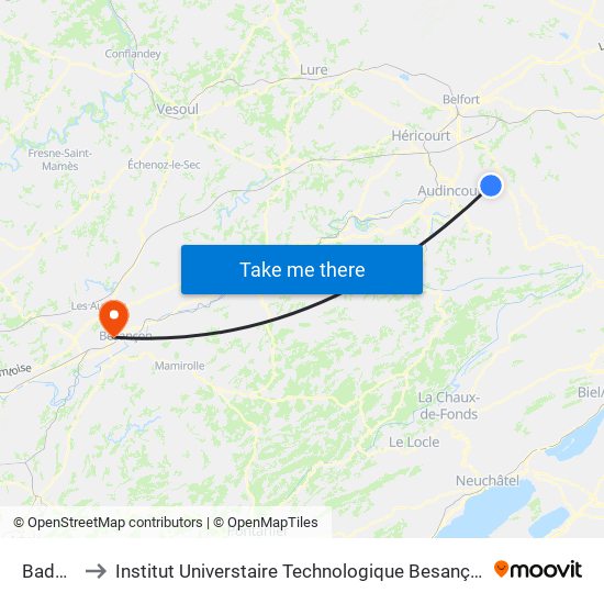 Badevel to Institut Universtaire Technologique Besançcon-Vesoul map
