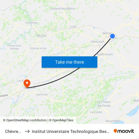 Chèvremont to Institut Universtaire Technologique Besançcon-Vesoul map