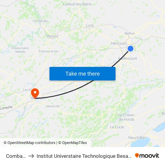 Combattes to Institut Universtaire Technologique Besançcon-Vesoul map