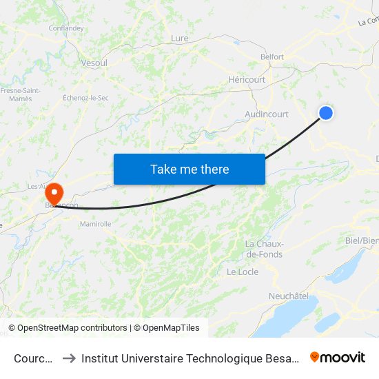 Courcelles to Institut Universtaire Technologique Besançcon-Vesoul map