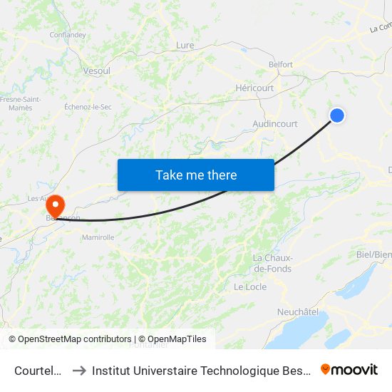 Courtelevant to Institut Universtaire Technologique Besançcon-Vesoul map