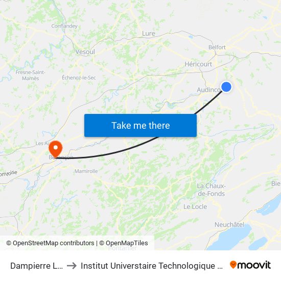 Dampierre Les Bois to Institut Universtaire Technologique Besançcon-Vesoul map