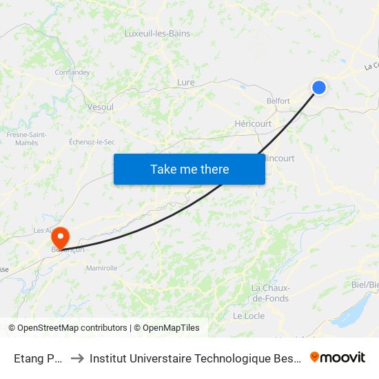 Etang Prévot to Institut Universtaire Technologique Besançcon-Vesoul map