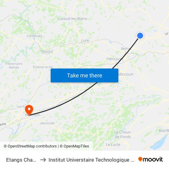 Etangs Charmottes to Institut Universtaire Technologique Besançcon-Vesoul map