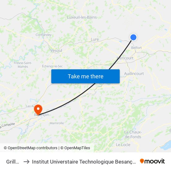 Grillons to Institut Universtaire Technologique Besançcon-Vesoul map