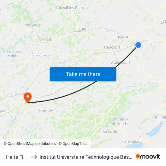 Halte Fluviale to Institut Universtaire Technologique Besançcon-Vesoul map