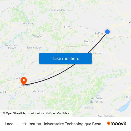 Lacollonge to Institut Universtaire Technologique Besançcon-Vesoul map