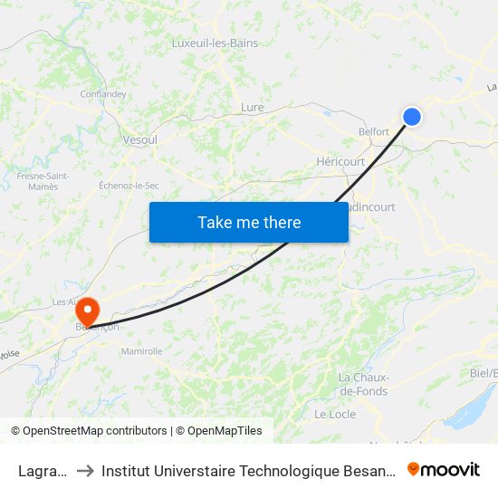 Lagrange to Institut Universtaire Technologique Besançcon-Vesoul map