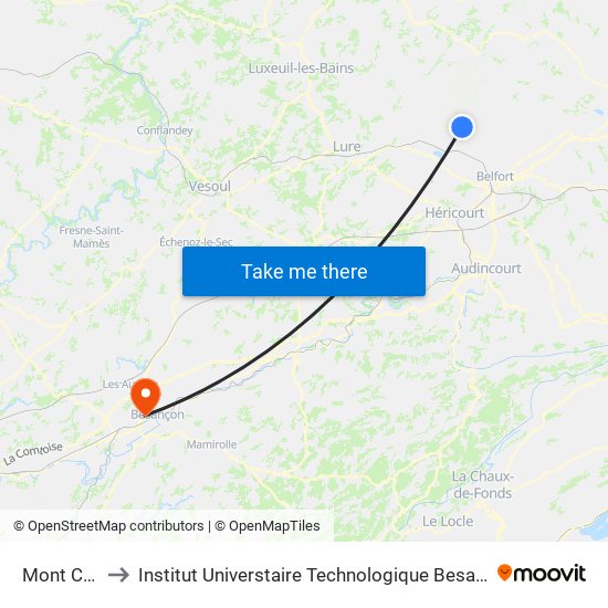 Mont Coron to Institut Universtaire Technologique Besançcon-Vesoul map