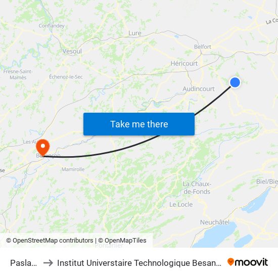 Paslattes to Institut Universtaire Technologique Besançcon-Vesoul map