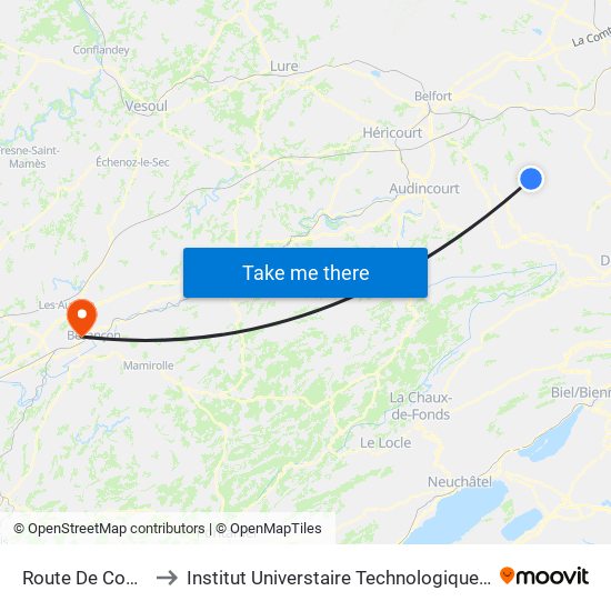 Route De Courtelevant to Institut Universtaire Technologique Besançcon-Vesoul map