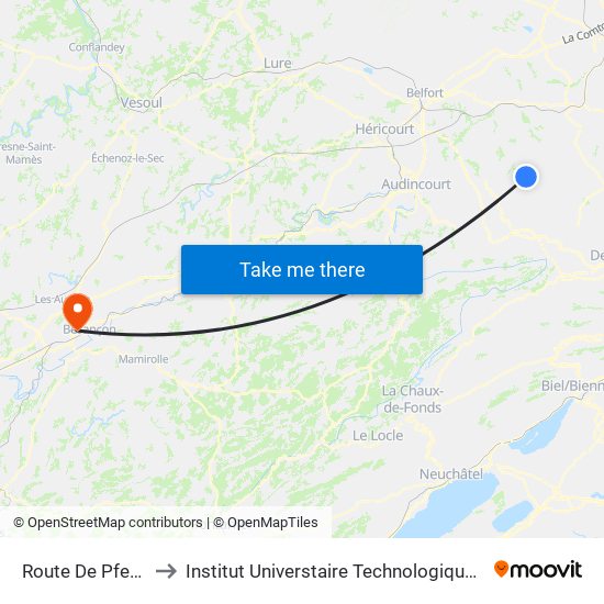 Route De Pfetterhouse to Institut Universtaire Technologique Besançcon-Vesoul map