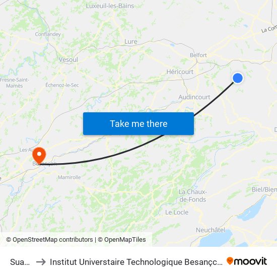 Suarce to Institut Universtaire Technologique Besançcon-Vesoul map