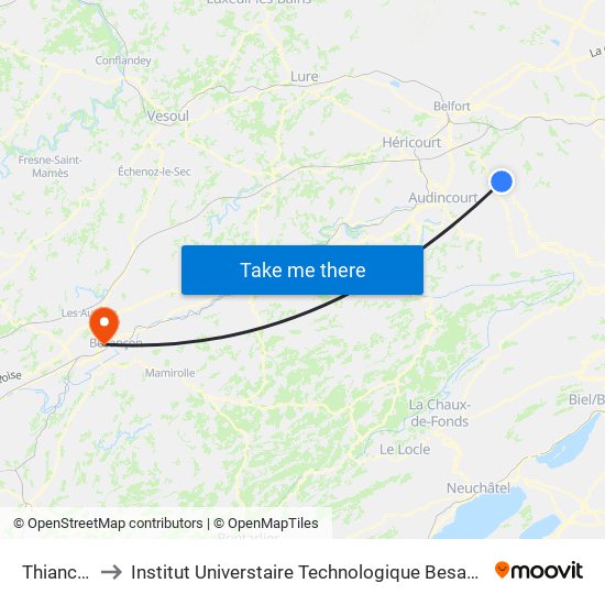 Thiancourt to Institut Universtaire Technologique Besançcon-Vesoul map