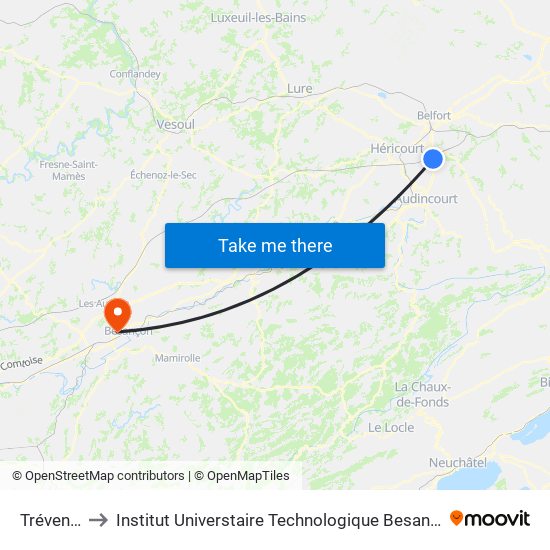 Trévenans to Institut Universtaire Technologique Besançcon-Vesoul map