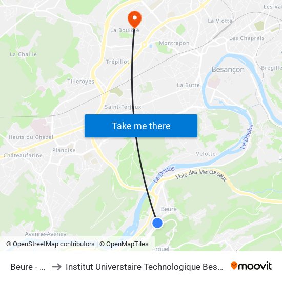 Beure - Rang to Institut Universtaire Technologique Besançcon-Vesoul map