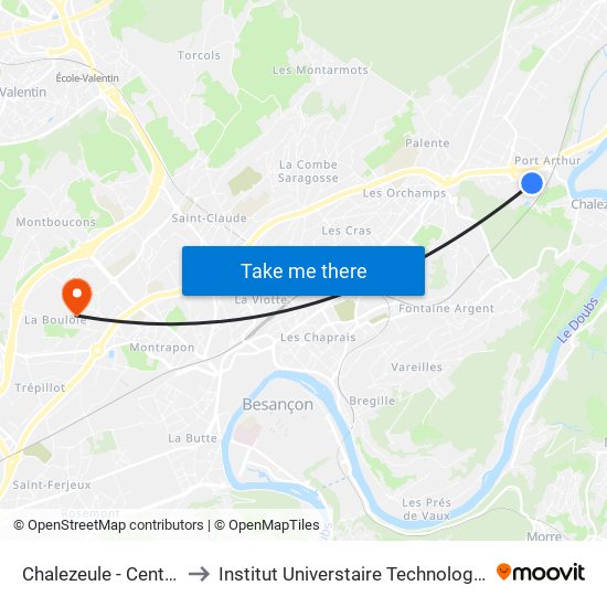 Chalezeule - Centre Commercial to Institut Universtaire Technologique Besançcon-Vesoul map