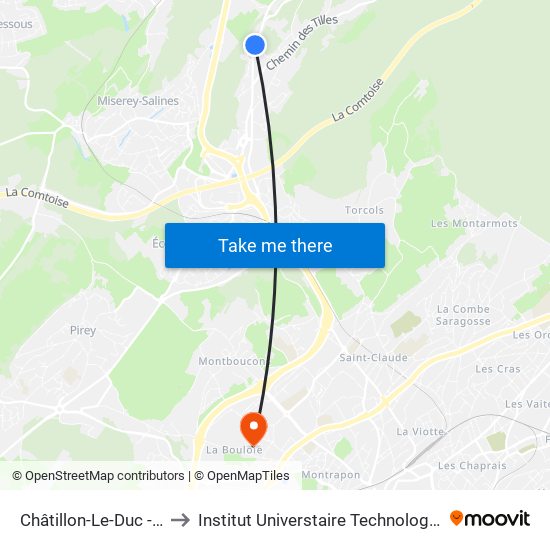 Châtillon-Le-Duc - Clos Des Pins to Institut Universtaire Technologique Besançcon-Vesoul map