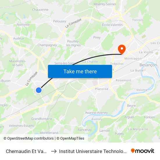 Chemaudin Et Vaux - Les Boutons to Institut Universtaire Technologique Besançcon-Vesoul map