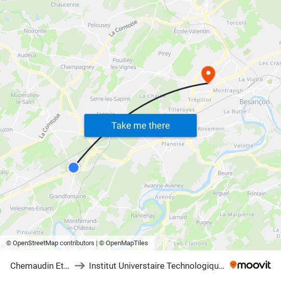 Chemaudin Et Vaux - Z.I. to Institut Universtaire Technologique Besançcon-Vesoul map