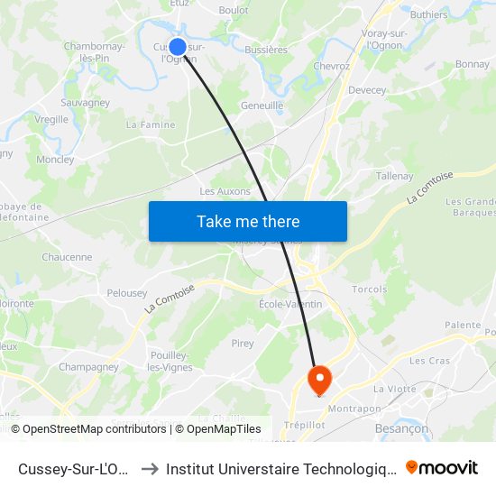 Cussey-Sur-L'Ognon - Ecole to Institut Universtaire Technologique Besançcon-Vesoul map