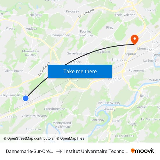 Dannemarie-Sur-Crète - Vieilles Perrières to Institut Universtaire Technologique Besançcon-Vesoul map