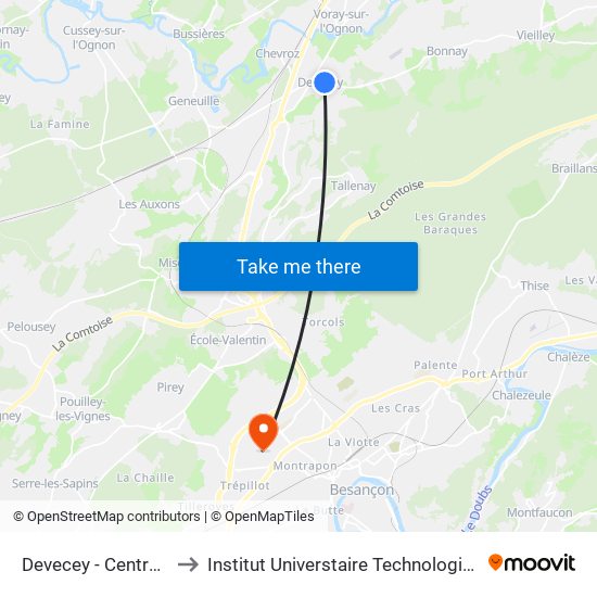 Devecey - Centre Commercial to Institut Universtaire Technologique Besançcon-Vesoul map