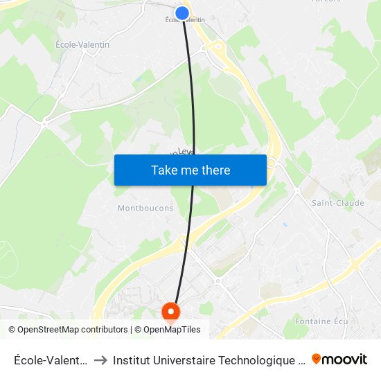 École-Valentin - Gare to Institut Universtaire Technologique Besançcon-Vesoul map