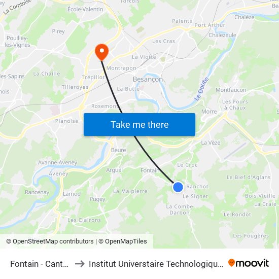 Fontain - Canton Viennet to Institut Universtaire Technologique Besançcon-Vesoul map